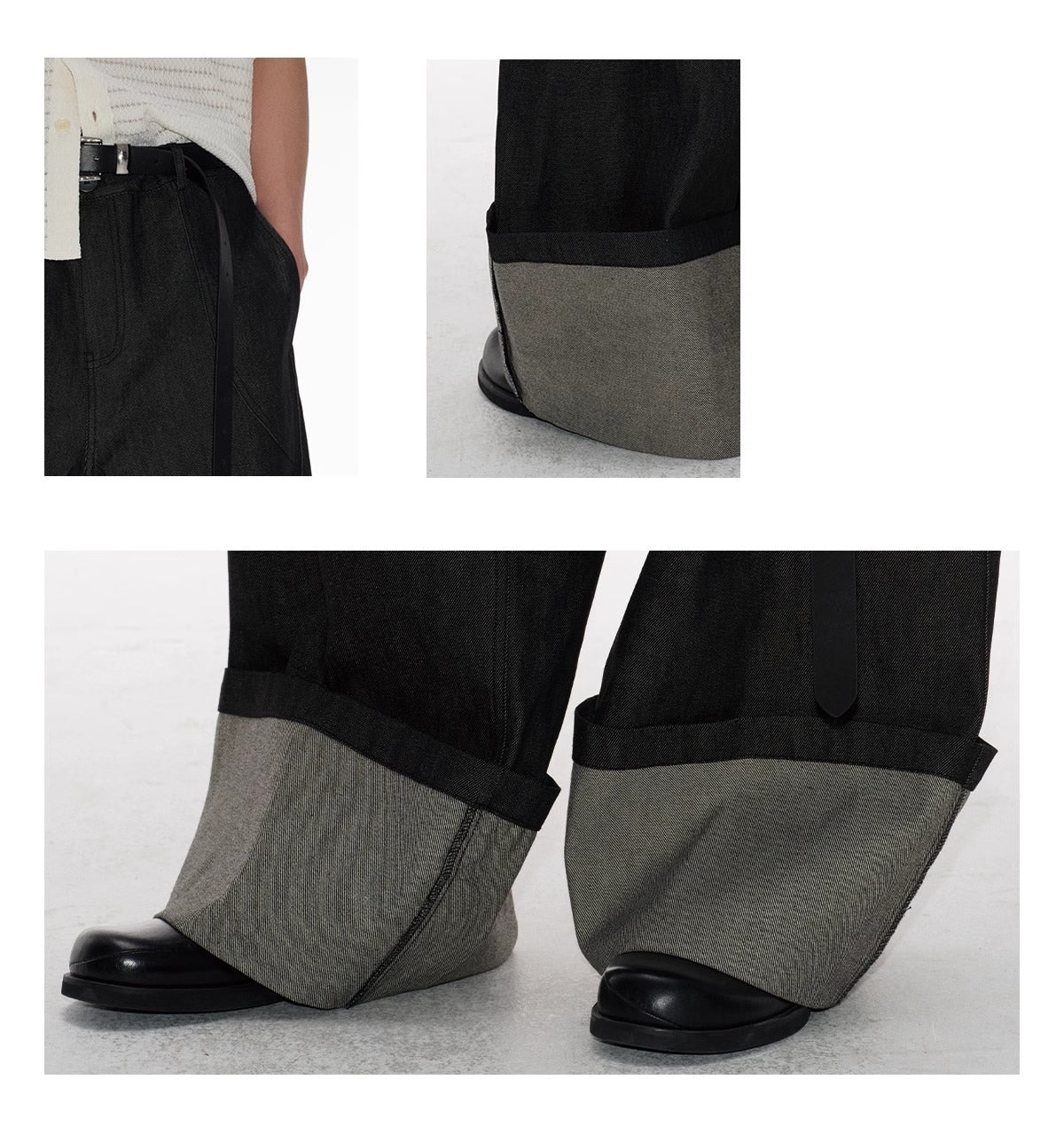 Raw Cuff Original Denim Wide Arc Washed Solid Pants [ID:0520PA]