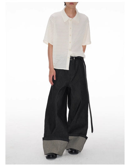 Raw Cuff Original Denim Wide Arc Washed Solid Pants [ID:0520PA]