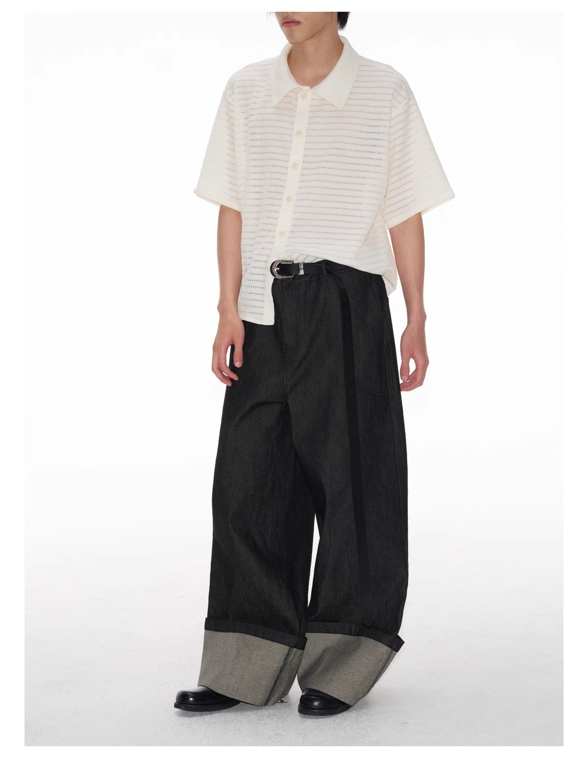 Raw Cuff Original Denim Wide Arc Washed Solid Pants [ID:0520PA]