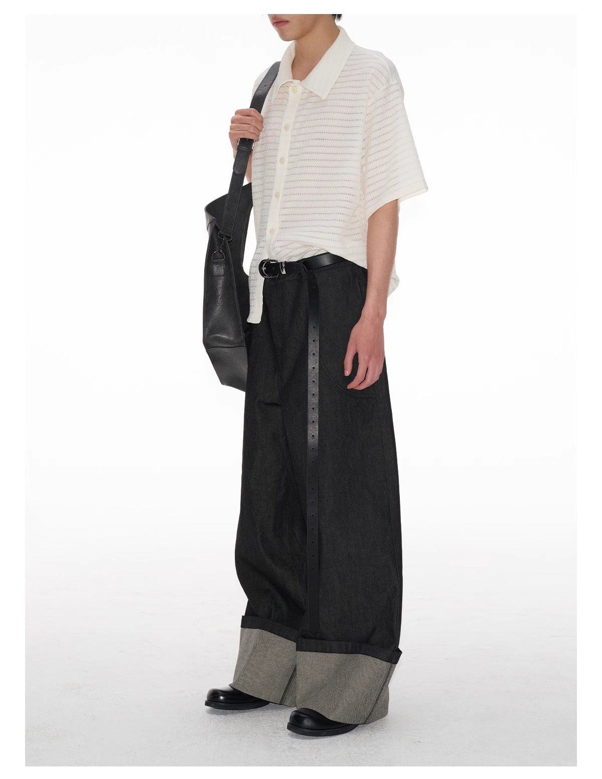 Raw Cuff Original Denim Wide Arc Washed Solid Pants [ID:0520PA]