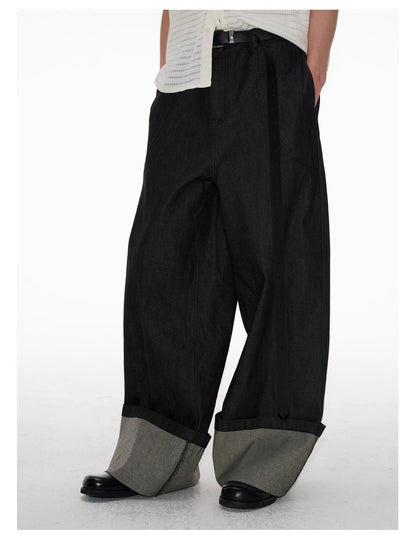 Raw Cuff Original Denim Wide Arc Washed Solid Pants [ID:0520PA]