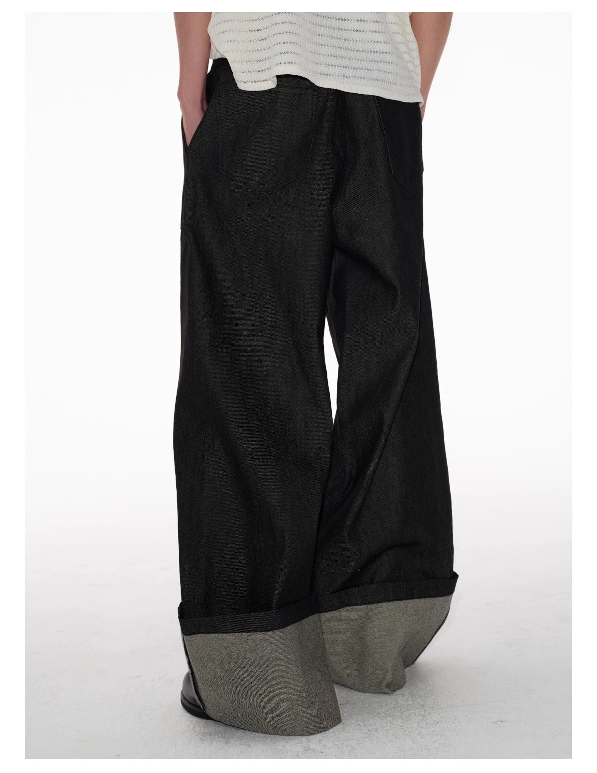 Raw Cuff Original Denim Wide Arc Washed Solid Pants [ID:0520PA]