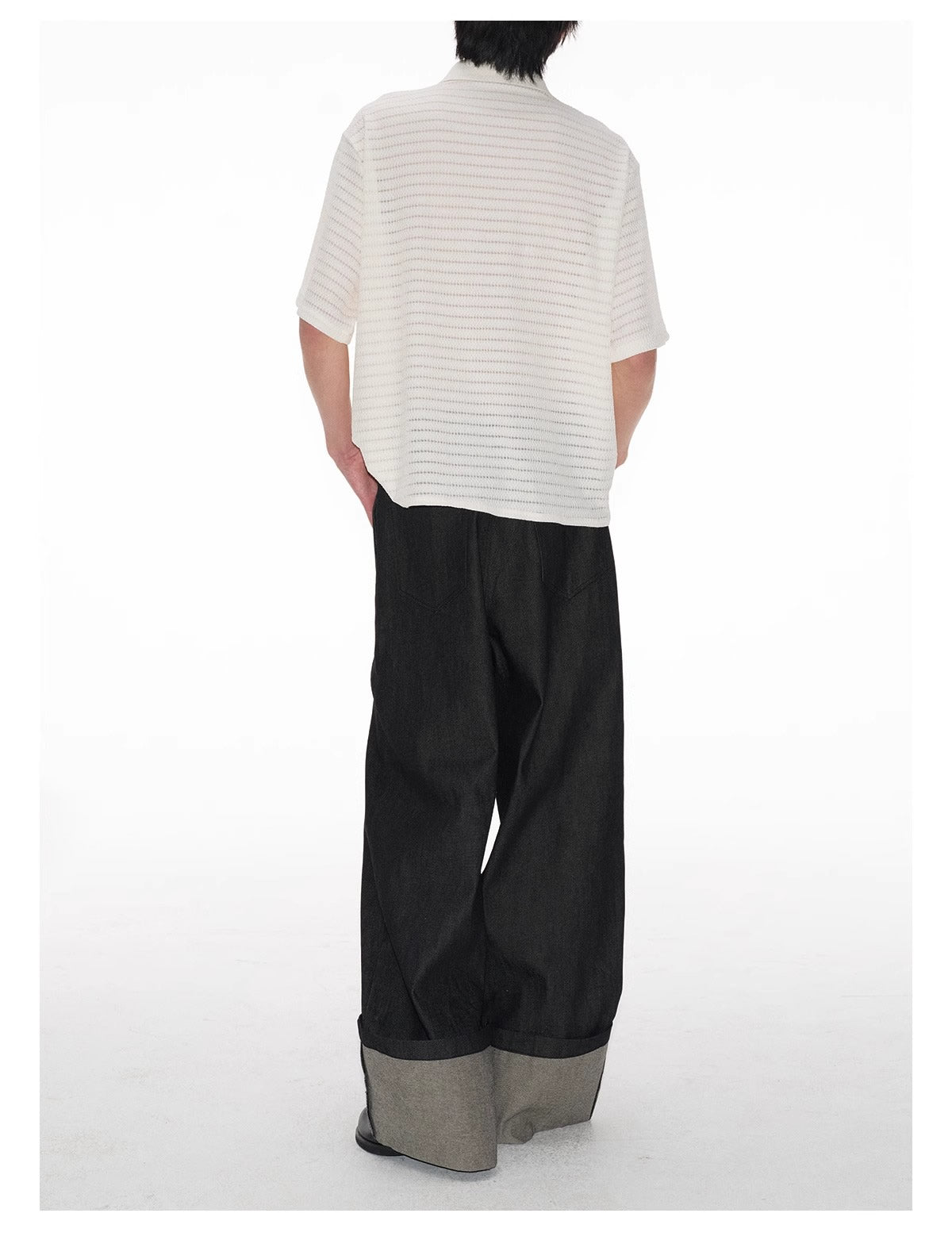 Raw Cuff Original Denim Wide Arc Washed Solid Pants [ID:0520PA]