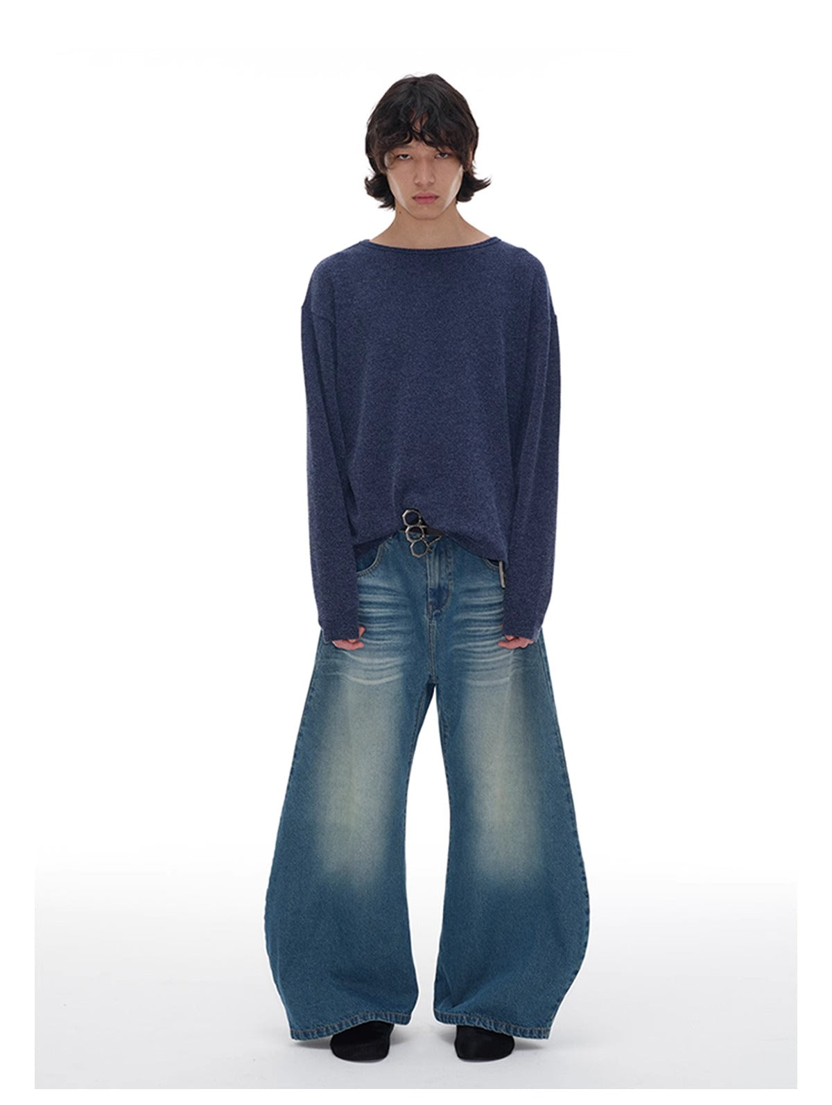 Pleated Curved Blade Faded Whiskers Wide Legs Jeans [ID:0521PA]