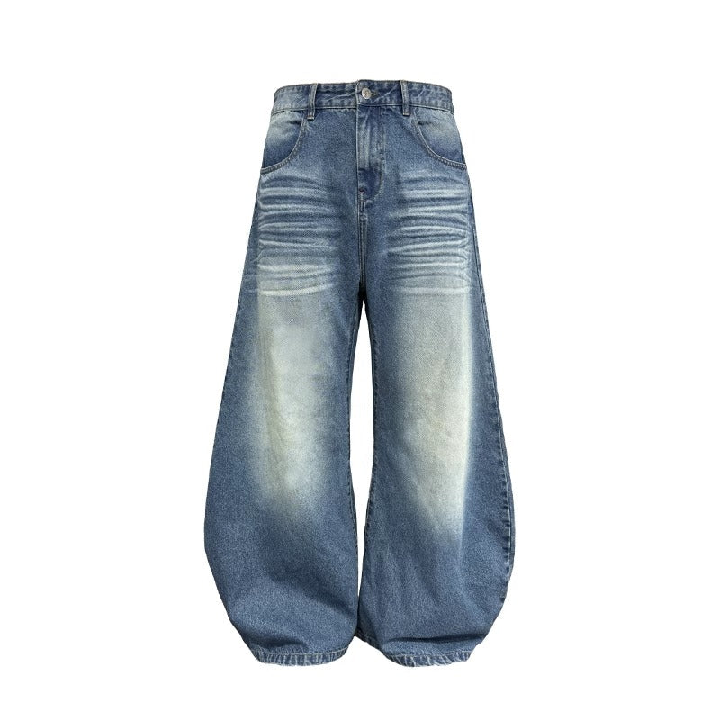 Pleated Curved Blade Faded Whiskers Wide Legs Jeans [ID:0521PA]