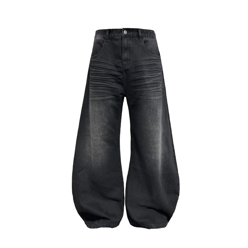 Pleated Curved Blade Faded Whiskers Wide Legs Jeans [ID:0521PA]