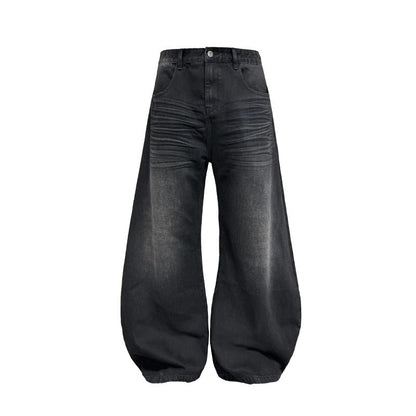 Pleated Curved Blade Faded Whiskers Wide Legs Jeans [ID:0521PA]
