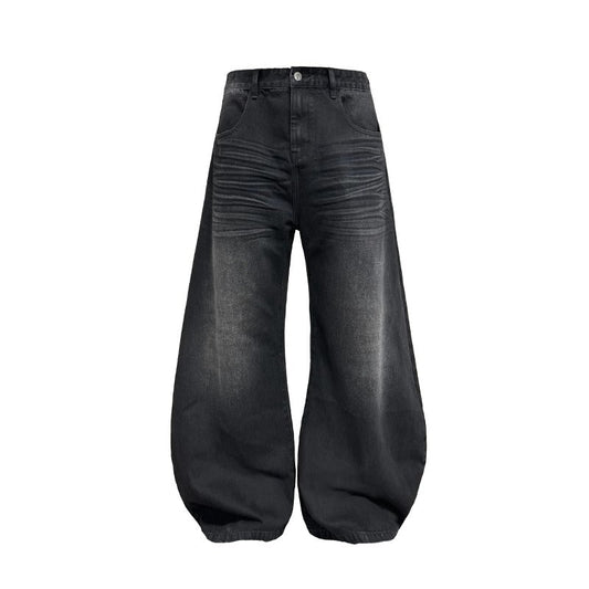 Pleated Curved Blade Faded Whiskers Wide Legs Jeans [ID:0521PA]
