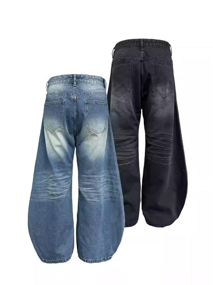 Pleated Curved Blade Faded Whiskers Wide Legs Jeans [ID:0521PA]