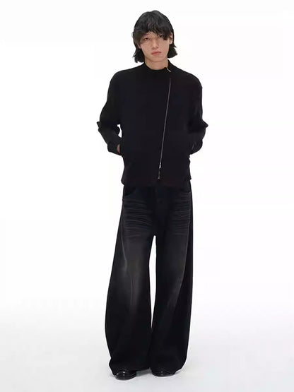 Pleated Curved Blade Faded Whiskers Wide Legs Jeans [ID:0521PA]