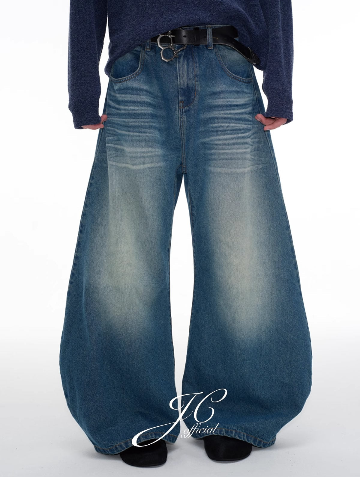 Pleated Curved Blade Faded Whiskers Wide Legs Jeans [ID:0521PA]