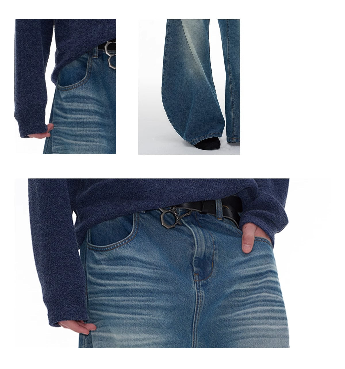 Pleated Curved Blade Faded Whiskers Wide Legs Jeans [ID:0521PA]
