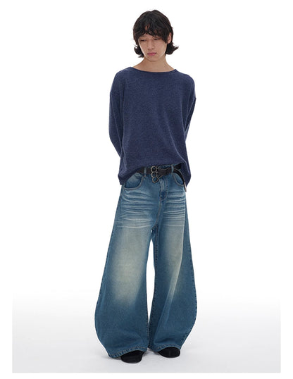 Pleated Curved Blade Faded Whiskers Wide Legs Jeans [ID:0521PA]