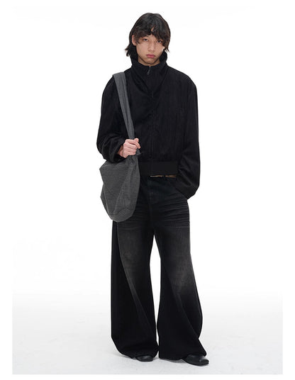 Pleated Curved Blade Faded Whiskers Wide Legs Jeans [ID:0521PA]