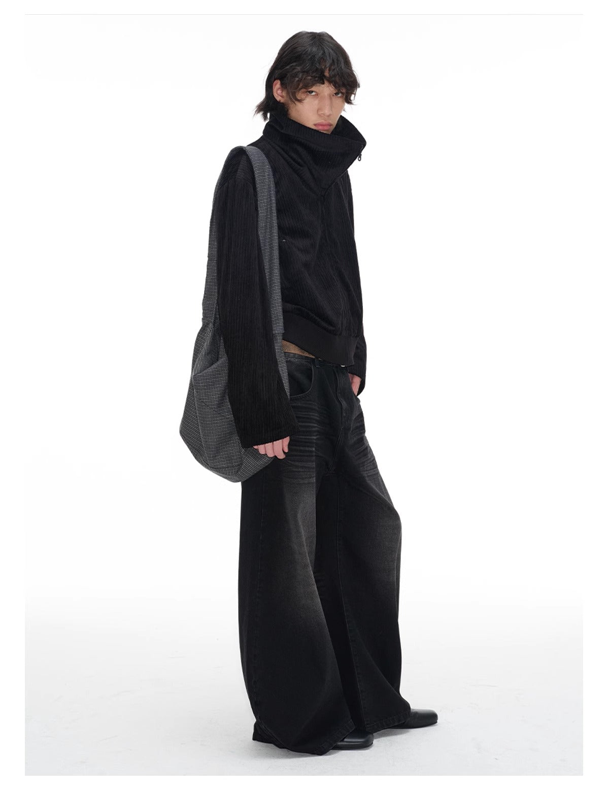 Pleated Curved Blade Faded Whiskers Wide Legs Jeans [ID:0521PA]