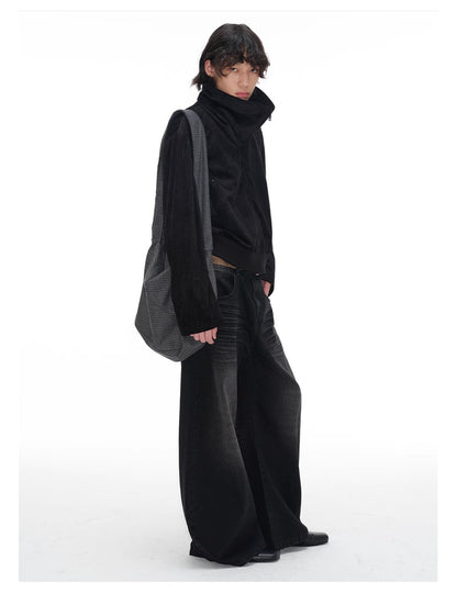 Pleated Curved Blade Faded Whiskers Wide Legs Jeans [ID:0521PA]