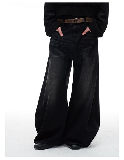 Pleated Curved Blade Faded Whiskers Wide Legs Jeans [ID:0521PA]