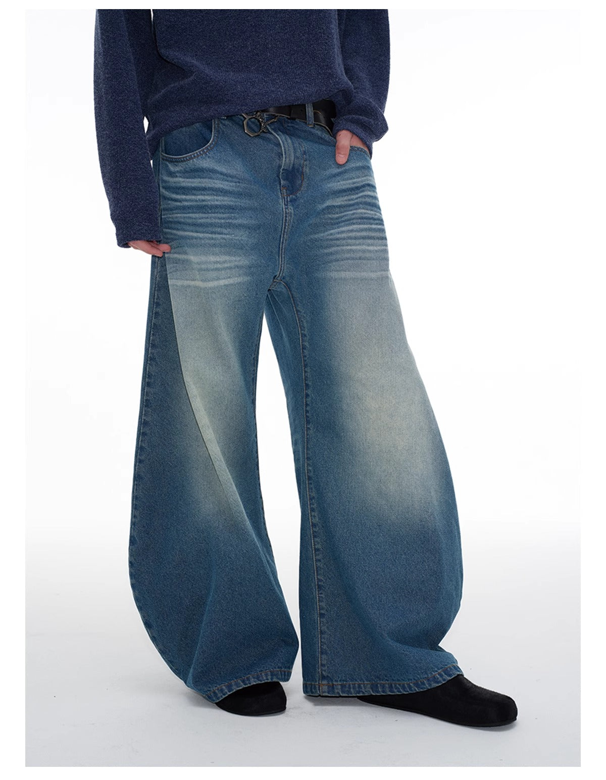 Pleated Curved Blade Faded Whiskers Wide Legs Jeans [ID:0521PA]