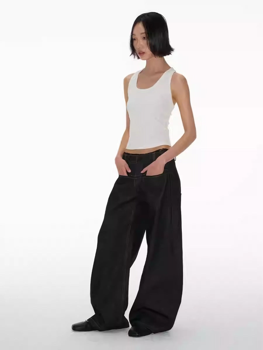 Structured Pleated Banana Low Waist Curved Blade Pants [ID:0522PA]