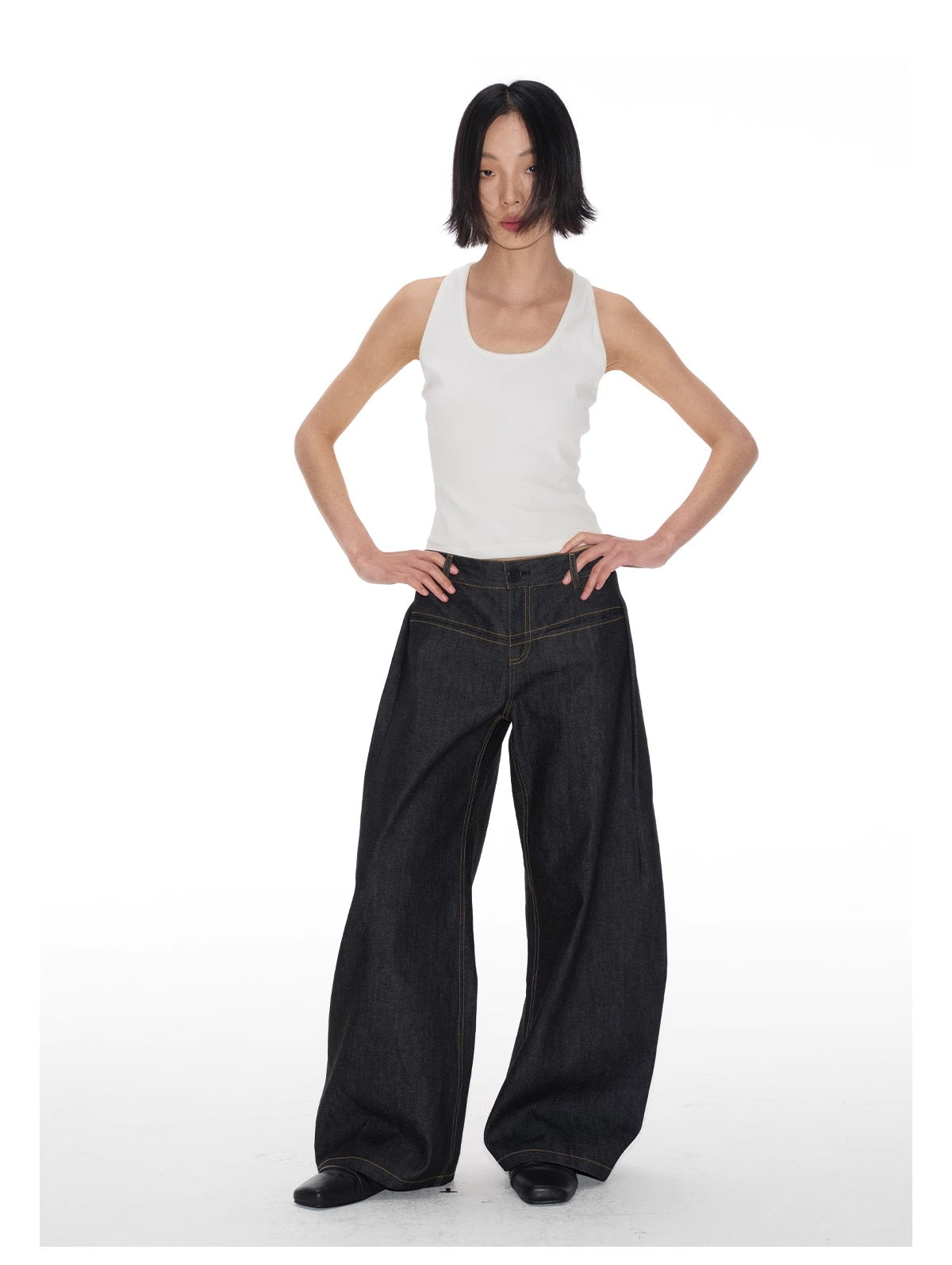 Structured Pleated Banana Low Waist Curved Blade Pants [ID:0522PA]