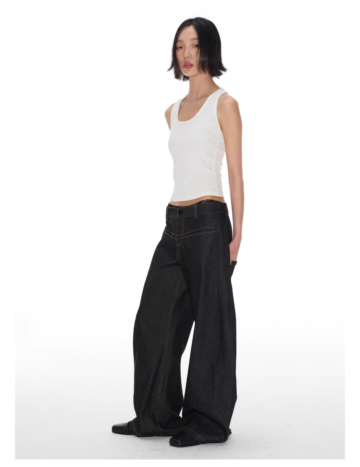 Structured Pleated Banana Low Waist Curved Blade Pants [ID:0522PA]