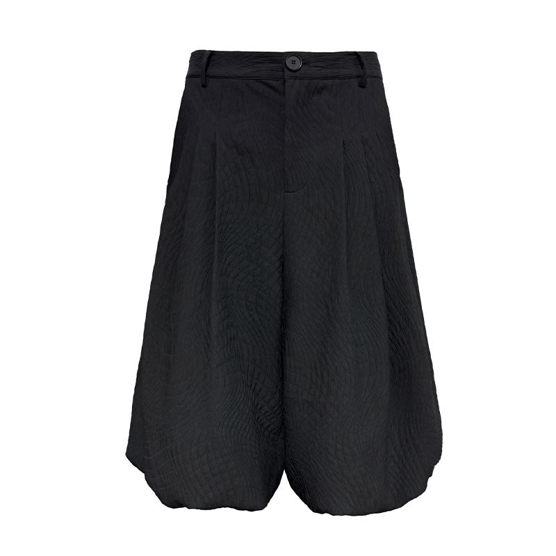 Textured Jacquard Leaf Pattern Black Pleated Cropped Pants [ID:0523PA]