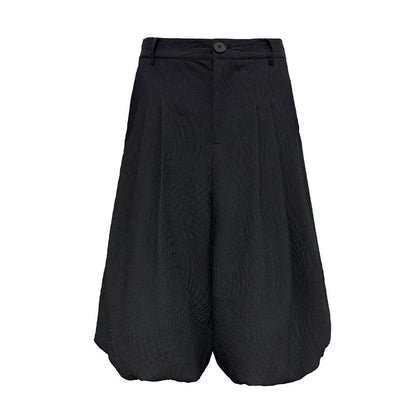 Textured Jacquard Leaf Pattern Black Pleated Cropped Pants [ID:0523PA]