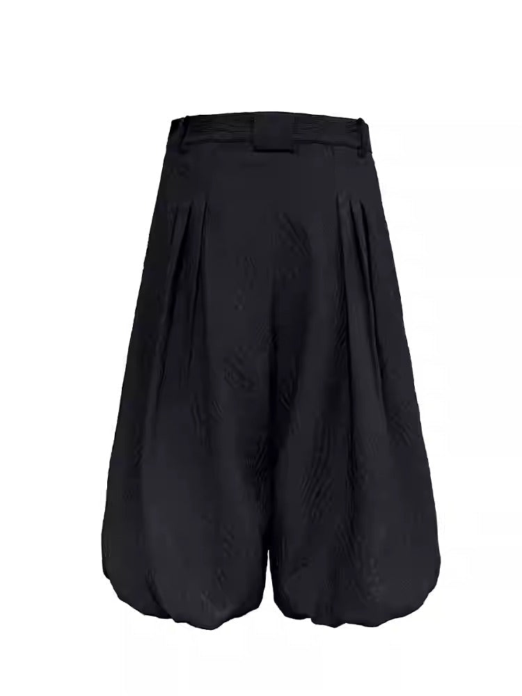 Textured Jacquard Leaf Pattern Black Pleated Cropped Pants [ID:0523PA]