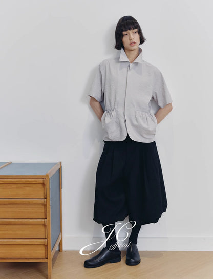 Textured Jacquard Leaf Pattern Black Pleated Cropped Pants [ID:0523PA]
