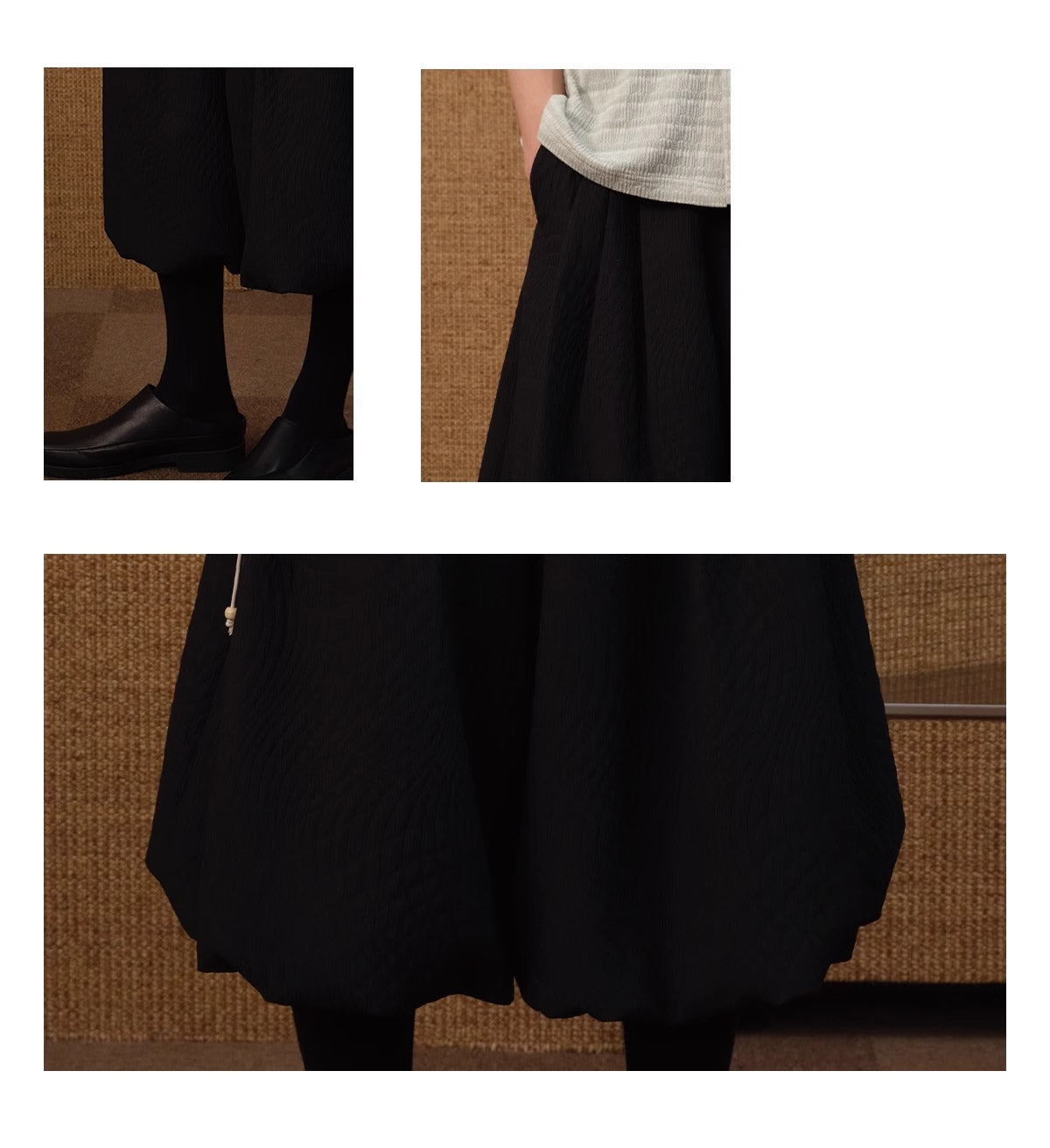 Textured Jacquard Leaf Pattern Black Pleated Cropped Pants [ID:0523PA]