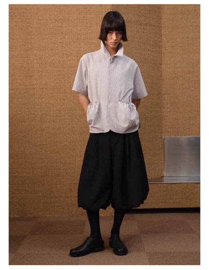 Textured Jacquard Leaf Pattern Black Pleated Cropped Pants [ID:0523PA]