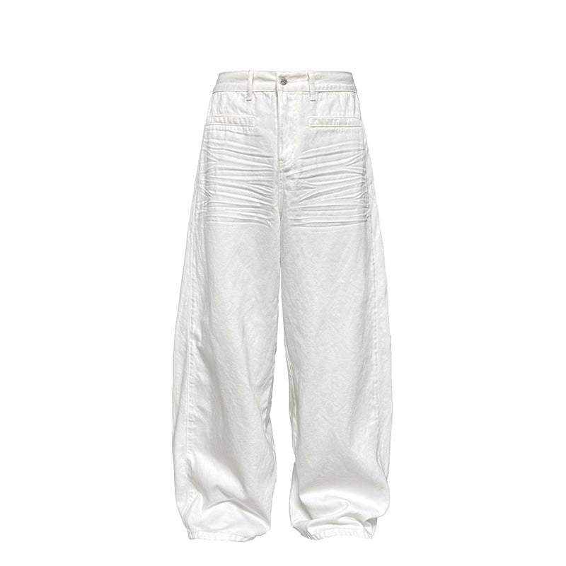 Pleated White Wide-Leg 3D Whisker Creases Baggy Denim Pants [ID:0525PA]