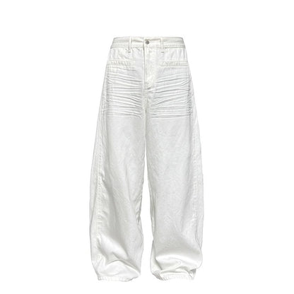 Pleated White Wide-Leg 3D Whisker Creases Baggy Denim Pants [ID:0525PA]