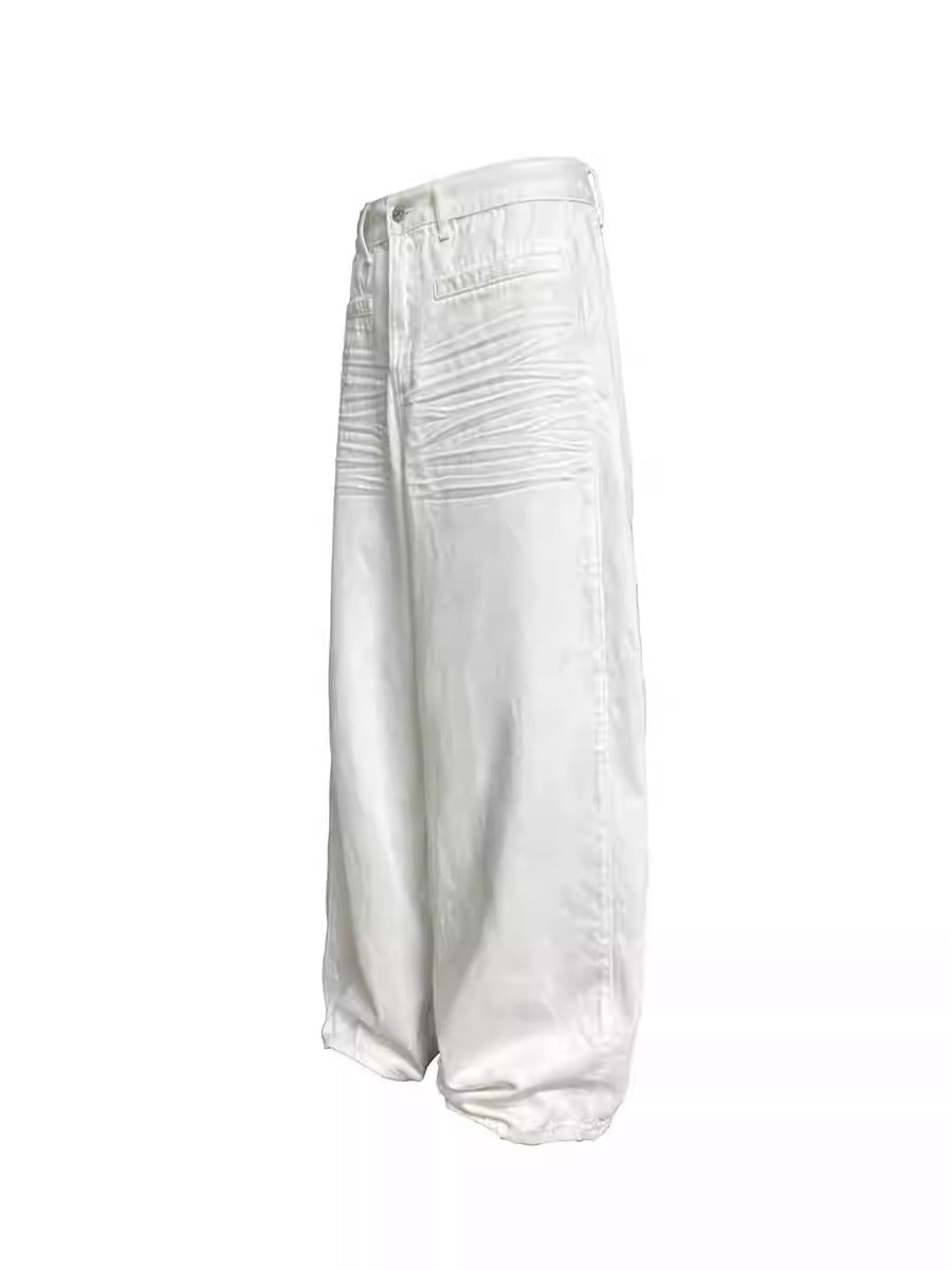 Pleated White Wide-Leg 3D Whisker Creases Baggy Denim Pants [ID:0525PA]