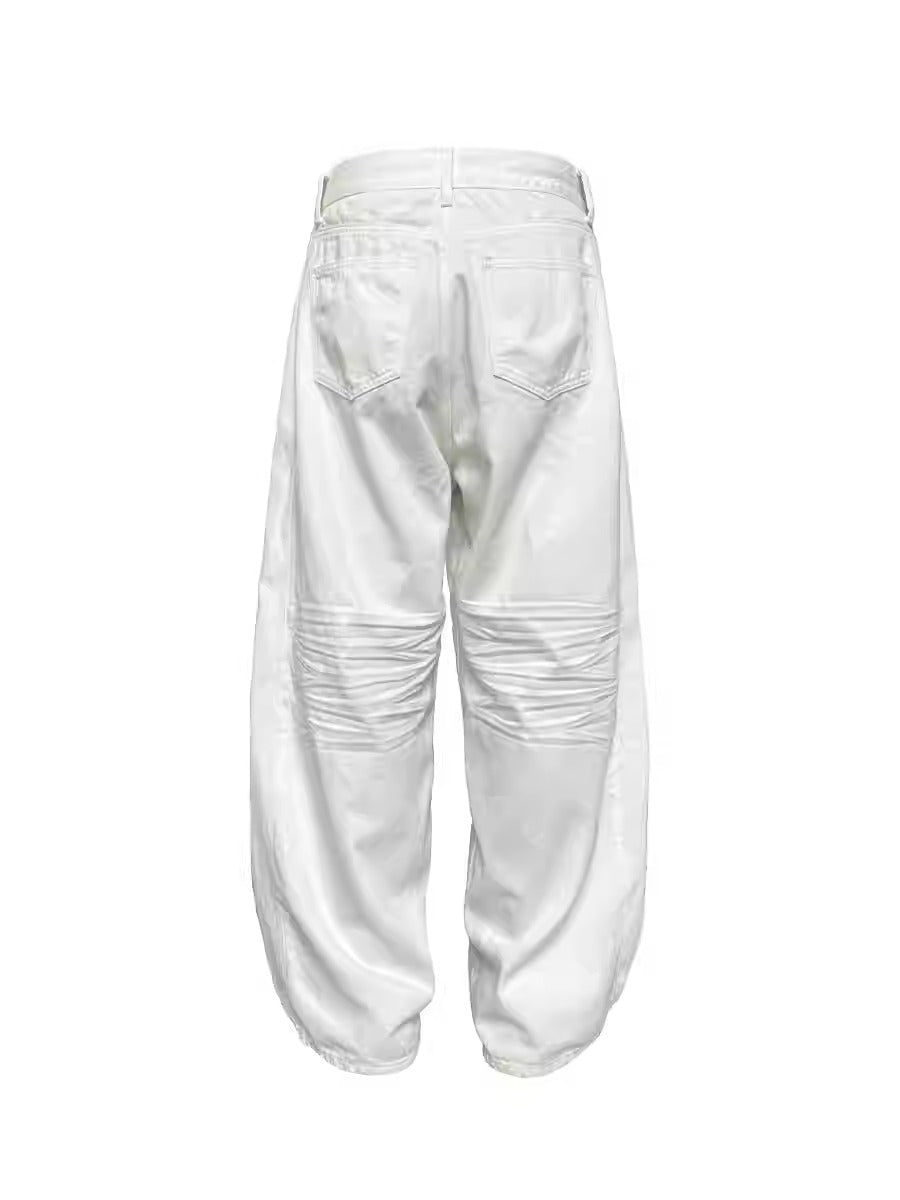 Pleated White Wide-Leg 3D Whisker Creases Baggy Denim Pants [ID:0525PA]