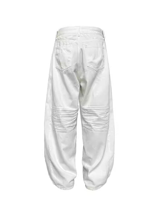 Pleated White Wide-Leg 3D Whisker Creases Baggy Denim Pants [ID:0525PA]