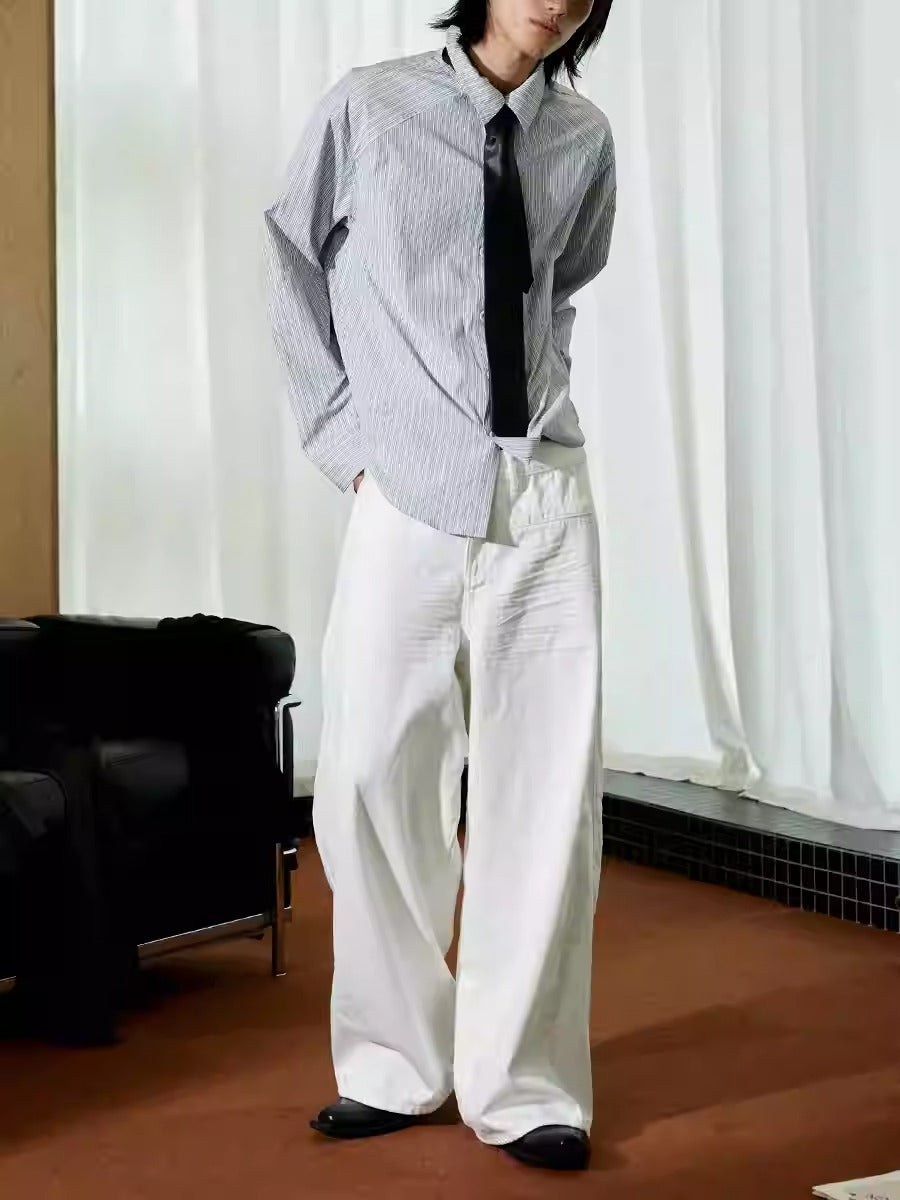 Pleated White Wide-Leg 3D Whisker Creases Baggy Denim Pants [ID:0525PA]