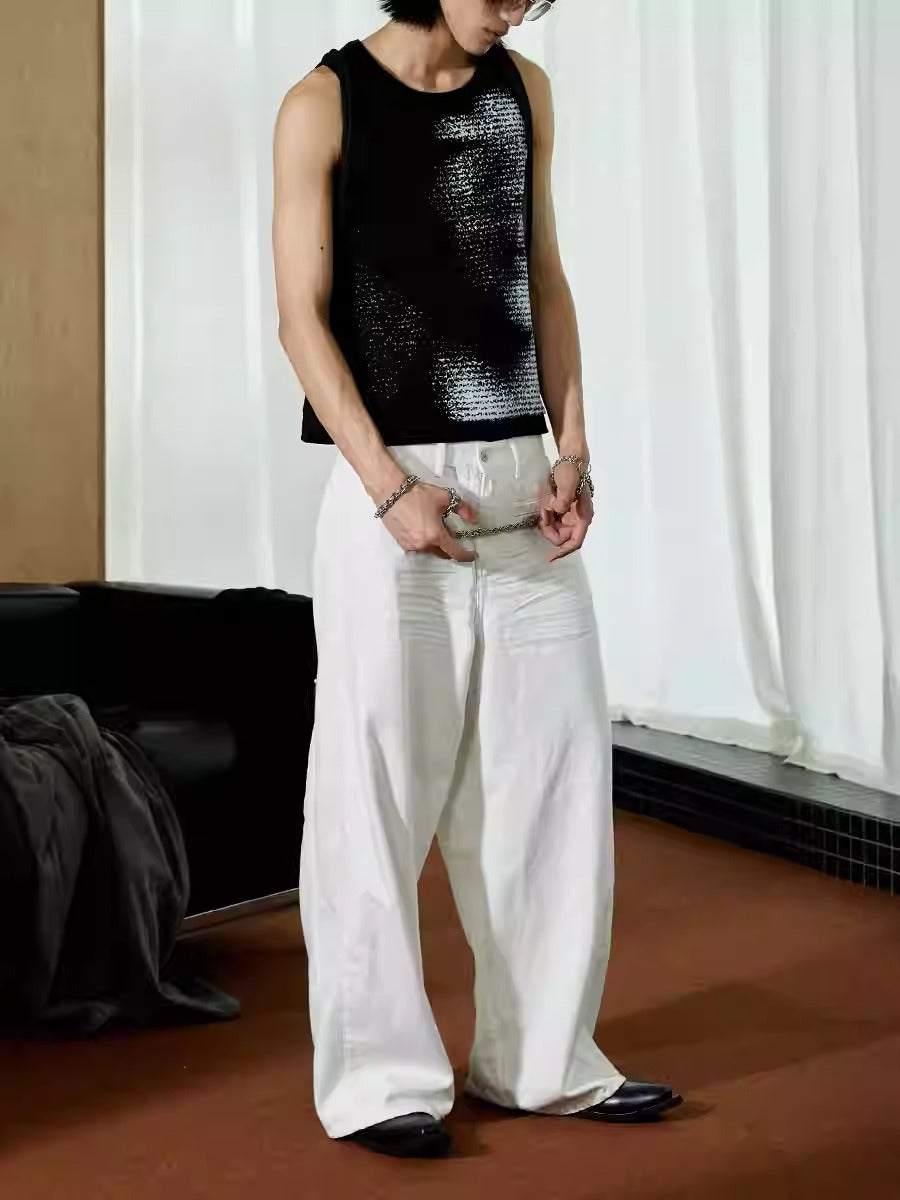 Pleated White Wide-Leg 3D Whisker Creases Baggy Denim Pants [ID:0525PA]