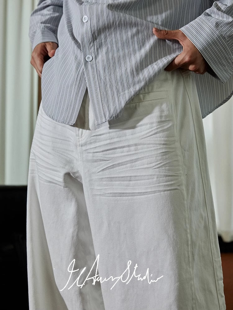 Pleated White Wide-Leg 3D Whisker Creases Baggy Denim Pants [ID:0525PA]