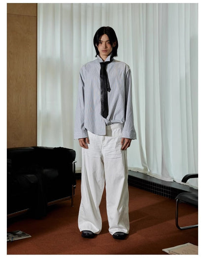 Pleated White Wide-Leg 3D Whisker Creases Baggy Denim Pants [ID:0525PA]