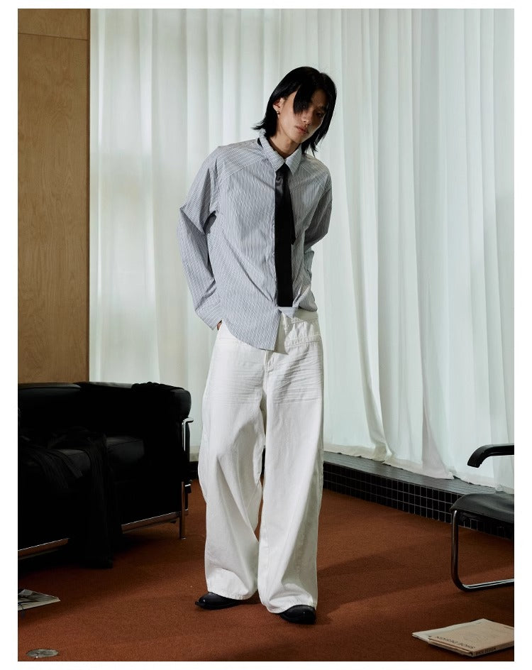Pleated White Wide-Leg 3D Whisker Creases Baggy Denim Pants [ID:0525PA]