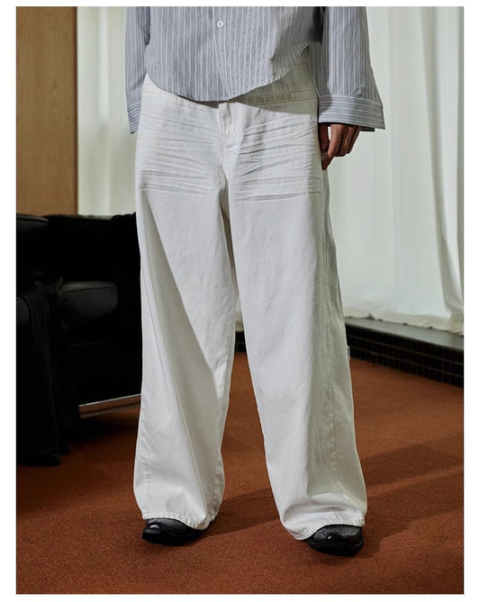 Pleated White Wide-Leg 3D Whisker Creases Baggy Denim Pants [ID:0525PA]