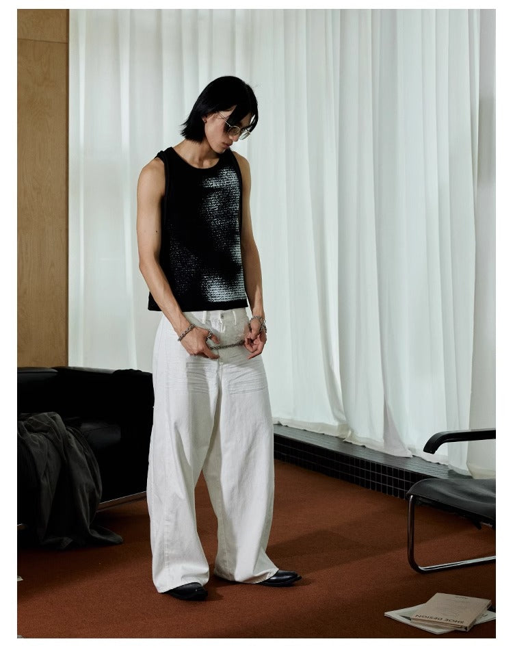 Pleated White Wide-Leg 3D Whisker Creases Baggy Denim Pants [ID:0525PA]