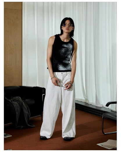 Pleated White Wide-Leg 3D Whisker Creases Baggy Denim Pants [ID:0525PA]