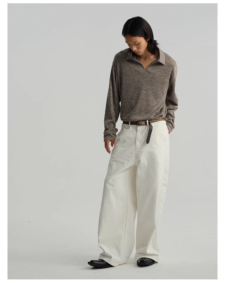 Pleated White Wide-Leg 3D Whisker Creases Baggy Denim Pants [ID:0525PA]