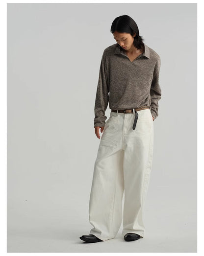 Pleated White Wide-Leg 3D Whisker Creases Baggy Denim Pants [ID:0525PA]