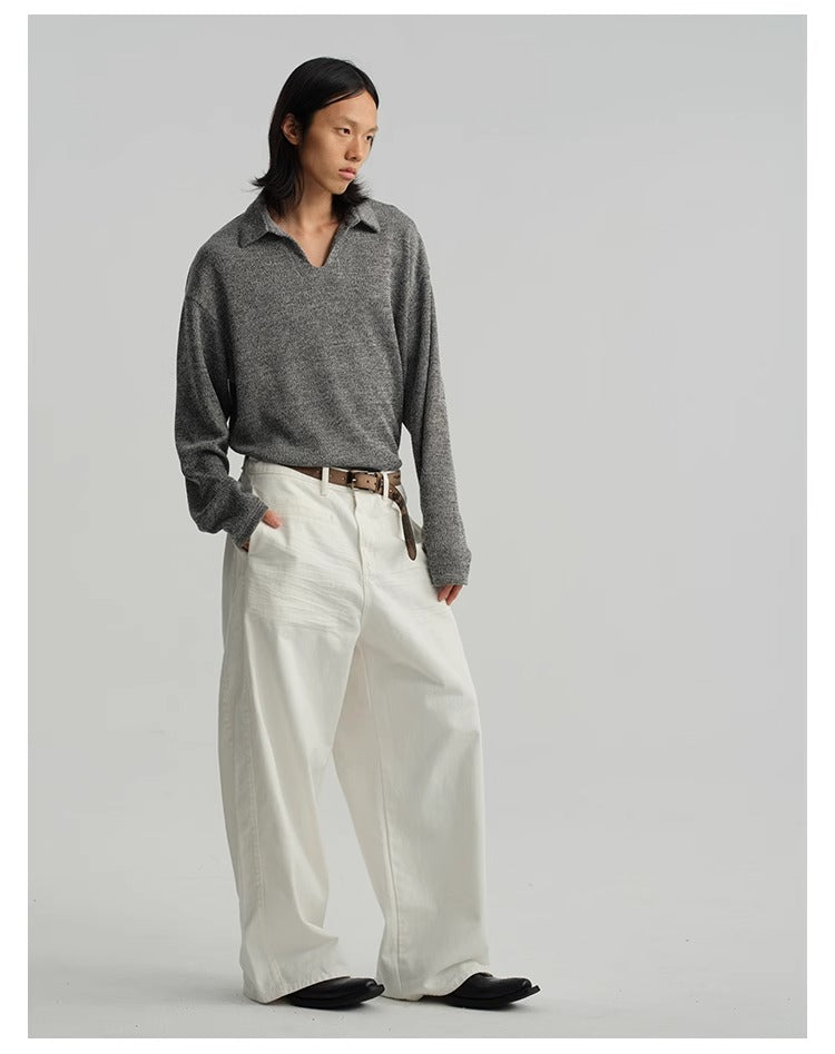 Pleated White Wide-Leg 3D Whisker Creases Baggy Denim Pants [ID:0525PA]