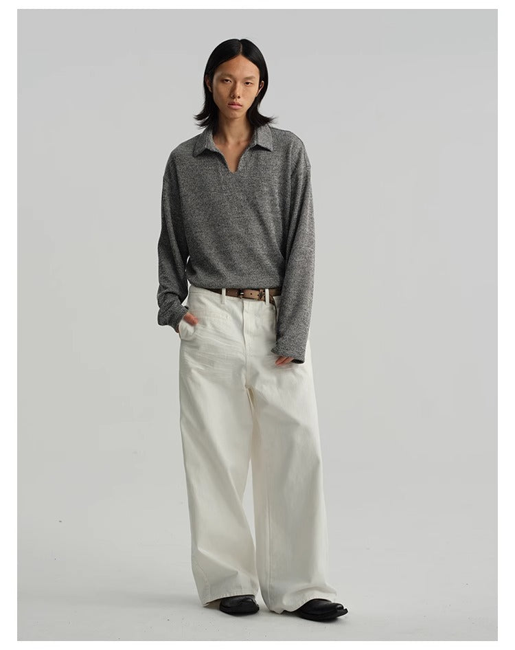 Pleated White Wide-Leg 3D Whisker Creases Baggy Denim Pants [ID:0525PA]