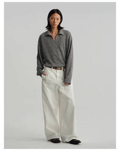Pleated White Wide-Leg 3D Whisker Creases Baggy Denim Pants [ID:0525PA]