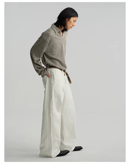 Pleated White Wide-Leg 3D Whisker Creases Baggy Denim Pants [ID:0525PA]